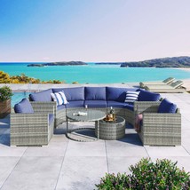 9-Piece Gray Wicker Patio Sofa Set w/ Blue Cushions - $840.99