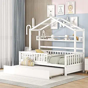 Wooden Twin Size House Bed With Trundle,Kids Twin Playhouse Platform Bed... - $731.99