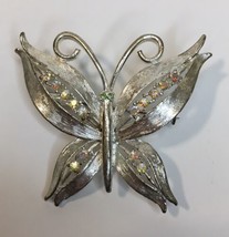 Vintage Butterfly Brooch Signed JJ Silver Tone with AB Rhinestones Green Eyes - £16.51 GBP