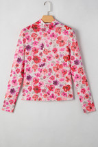 Red Floral Print Long Sleeve Slim Fit Mesh Top - $10.49
