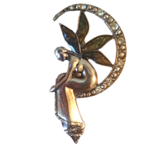 Gold Tone Rhinestone Crescent Moon Fairy Brooch Pin Signed LC Liz Claiborne - $30.84