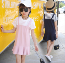 New Fashion Kids Girls Summer Dress Short Sleeve Striped Korean Cotton D... - £10.38 GBP