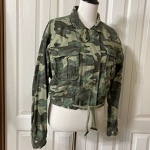Camo Jacket Sz M Woman Camouflage Denim Crop Jacket Drawstring Waist Aer... - $18.88