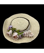 Dollcake Beauty &quot;Create&quot; Fascinator Beige Straw Hat With Pink &amp; Purple F... - $454.28 MXN