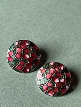 Cranberry Flowers w Green Leaves Enamel &amp; SIlvertone Thin Round Disk Post Earrin - £10.46 GBP
