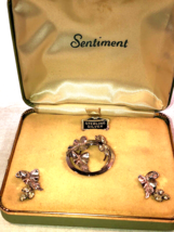 Vintage Sterling Silver Circle Pin and Screwback Earring Set of Leaves &amp; Flowers - £23.90 GBP