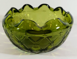 Avocado Green Indiana Glass Bowl Duette Diamond Quilt With Crimped Edge ... - £7.05 GBP