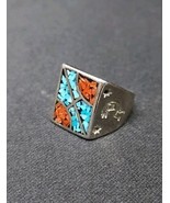 Vtg Sterling Silver Kokopelli Southwestern Men&#39;s Turquoise Coral Ring Sz... - $1,650.29 MXN