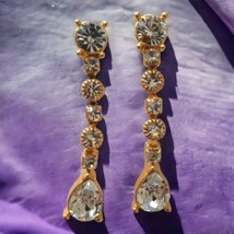 Monet Crystal Drop Earrings Graduated Dangle Bridal Pageant Wedding Gold Tone - £25.69 GBP