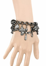Gunmetal Gray Crosses Charmed Stretching Bracelet, Everyday Costume Jewelry,Goth - $15.68