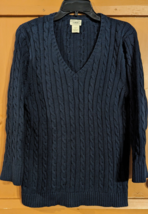 LL Bean L Cotton Cable Knit V-Neck Pullover Sweater 3/4 Sleeve Dark Blue... - £23.18 GBP