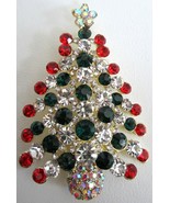 CHRISTMAS TREE BROOCH PIN BEAUTIFUL RED, GREEN, CRYSTAL &amp; AURORA RHINESTONE - €17,11 EUR
