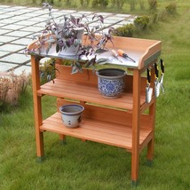 Potting Bench Table Garden Wooden Work Station Hooks Outdoor Gardening Shelves - £100.49 GBP