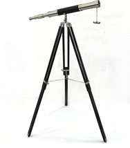 Antique Maritime Floor Standing Brass &amp; Leather Telescope Adjustable Wooden Trip - £120.99 GBP