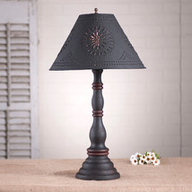 Davenport Table Lamp Punched Tin Shade Hartford Black with Red Stripe Handmade - $277.45