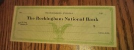 Antique 1910&#39;s Rockingham National Bank Blank Check Harrisonburg Virginia - $21.99