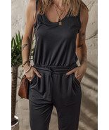 Black Casual Tank Style Tie Waist Pocketed Jogger Jumpsuit - $585.80 MXN