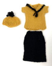 Vintage Barbie Clone Doll Clothes Knit Sweater Set Black Gold Skirt Hat Outfit - £23.60 GBP