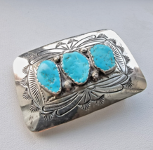 NAVAJO SPENCER VINTAGE 925 STERLING SILVER BELT BUCKLE INLAY TURQUOISE 3... - $391.05