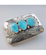 NAVAJO SPENCER VINTAGE 925 STERLING SILVER BELT BUCKLE INLAY TURQUOISE 3... - $391.05