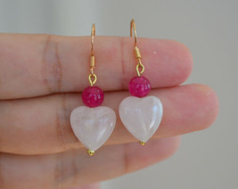 Handmade Rose quartz heart pink gold plated Sterling Silver earring - £13.15 GBP
