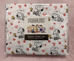 NIP Peanuts Cartoons Queen Sheet Set Snoopy Woodstock Valentines Hearts Love - £46.70 GBP