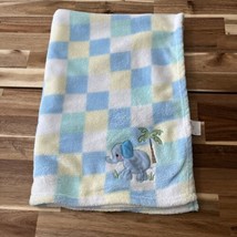 Vintage Elephant Fleece Baby Blanket Blue Mint Green Yellow Pastel Check 31x38 - £14.65 GBP