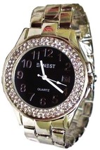 LUX SILVERED WATCH-METAL BAND-BIG BLACK DIAL DATE.STRASS - $19.00