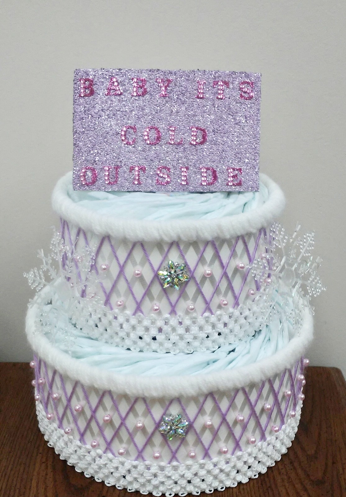 Pink and Purple 2 Tier Diaper Cake , Winter Baby It's Cold Outside Baby Shower