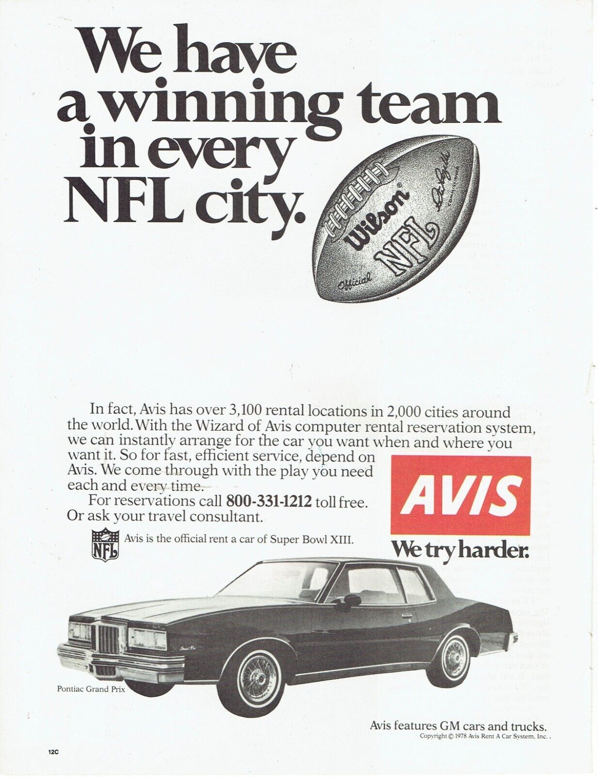 1978 Avis Rental Car Print Ad Pontiac Grand Prix Super Bowl XIII 8.5&quot; x 11&quot; - $18.75