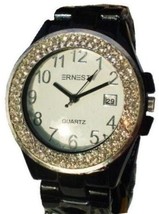 LUX.BLACK WATCH -METAL BAND-BIG BLACK DIAL .DATE.STRASS - $19.00