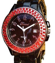 LUX.BLACK WATCH -METAL BAND-BIG BLACK DIAL .DATE.STRASS - $17.00