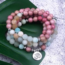 8mm Natural Rhodochrosite With Frosted Amazonite Beads Strand Bracelet Lotus OM  - £24.06 GBP