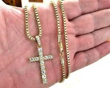 14K Gold  Plated Iced CZ Bling Tennis Cross Pendant + Chain Necklace 30&quot;... - $9.89