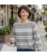 Banana Repulbic Boat Neck Gray WHite Striped Sweater - $6.30