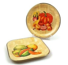 Fruit and vegetables  bamboo plates vtg gold rimmed  decorative kitchen dish - £16.90 GBP