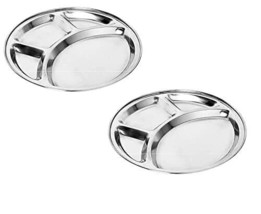 Stainless Steel Bhojan Patra Thali 4 Compartment Round Plates 10 Inch Set Of 2 - £19.20 GBP