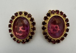 Gorgeous Earrings Clip Large Pink Stone Circled By Red Rhinestones Jewelry - £17.55 GBP