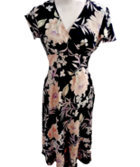 Liz Claiborne Silk Dress Black White/Peach Floral Print Size 6 - $30.00 CAD