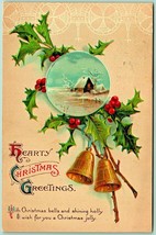 Holly Bells Poem Jolly Hearty Christmas Greetings Embossed 1912 DB Postcard I7 - £3.85 GBP