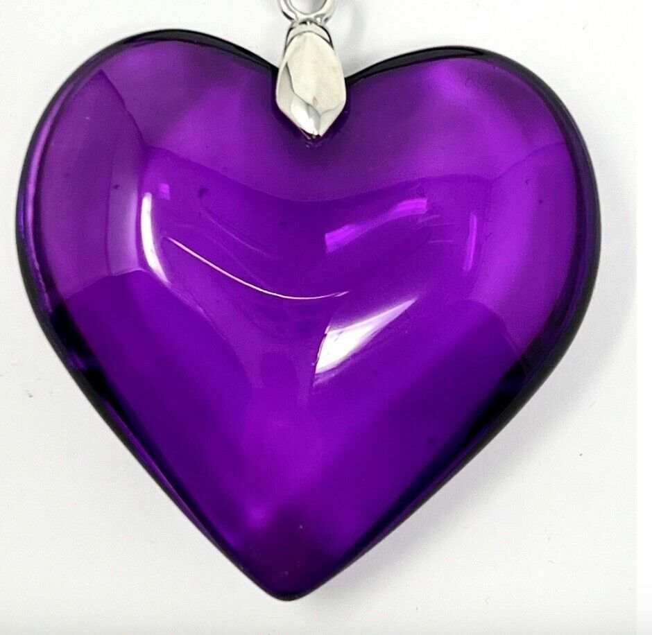 Purple Glass Heart Necklace Plum Glass Heart Pendant Lavender Puffy Hear... - $17.79