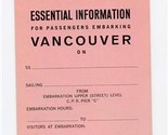 P&amp;O Lines North America Vancouver Embarking Passengers Essential Informa... - $18.81