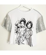 NWT Disney Parks Sketch Princesses White Crop Top Silver Sequin Short Sl... - $41.12 CAD
