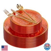 I00000 150Pcs Clear Orange Plastic Plates with Gold Rim,Orange Disposabl... - $65.92