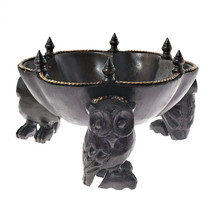 Triple Stately Owls Carved Rain Tree Wooden Bowl - £29.67 GBP