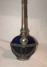 VTG Moroccan Blue Glass Perfume Bottle Sprinkler With Metal Overlay 9” Tall - £21.98 GBP