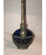 VTG Moroccan Blue Glass Perfume Bottle Sprinkler With Metal Overlay 9” Tall - £21.97 GBP