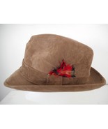 Vintage Brown Suede like Fedora style hat Size S Feather accent lightly ... - $20.00
