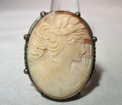 Vintage 800 Silver Carved Shell Cameo Convertible Brooch Pin Pendant K1454 - £54.12 GBP