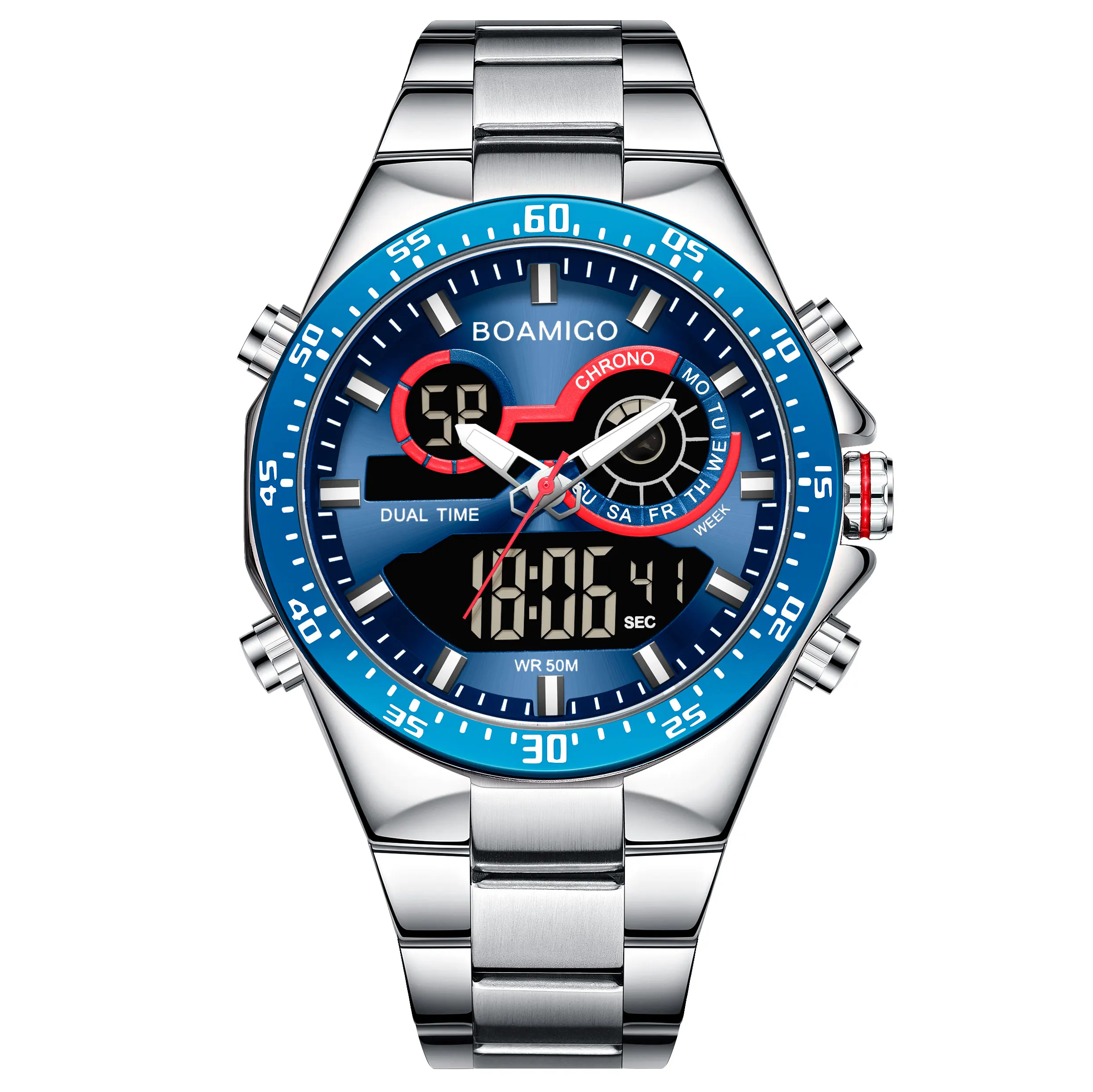 BOAMIGO 2024 New Fashion Mens  Stainless Steel    men&#39;s digital og blue Watch fo - £100.70 GBP